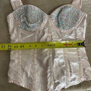 Mystery House Pink Rhinestone Corset Bustier & Lace Ruffle Bottoms Set M